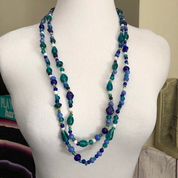 Shades of Blue Layered Beaded Necklace - Picture 1 of 8